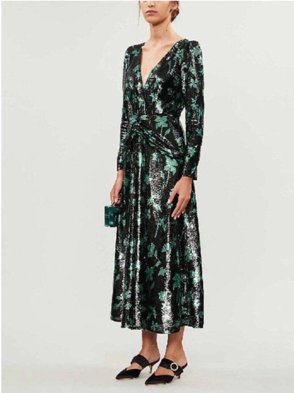 Self-Portrait NWT Sequin Dark Mandala Twist Midi Dress Green Black 4 S